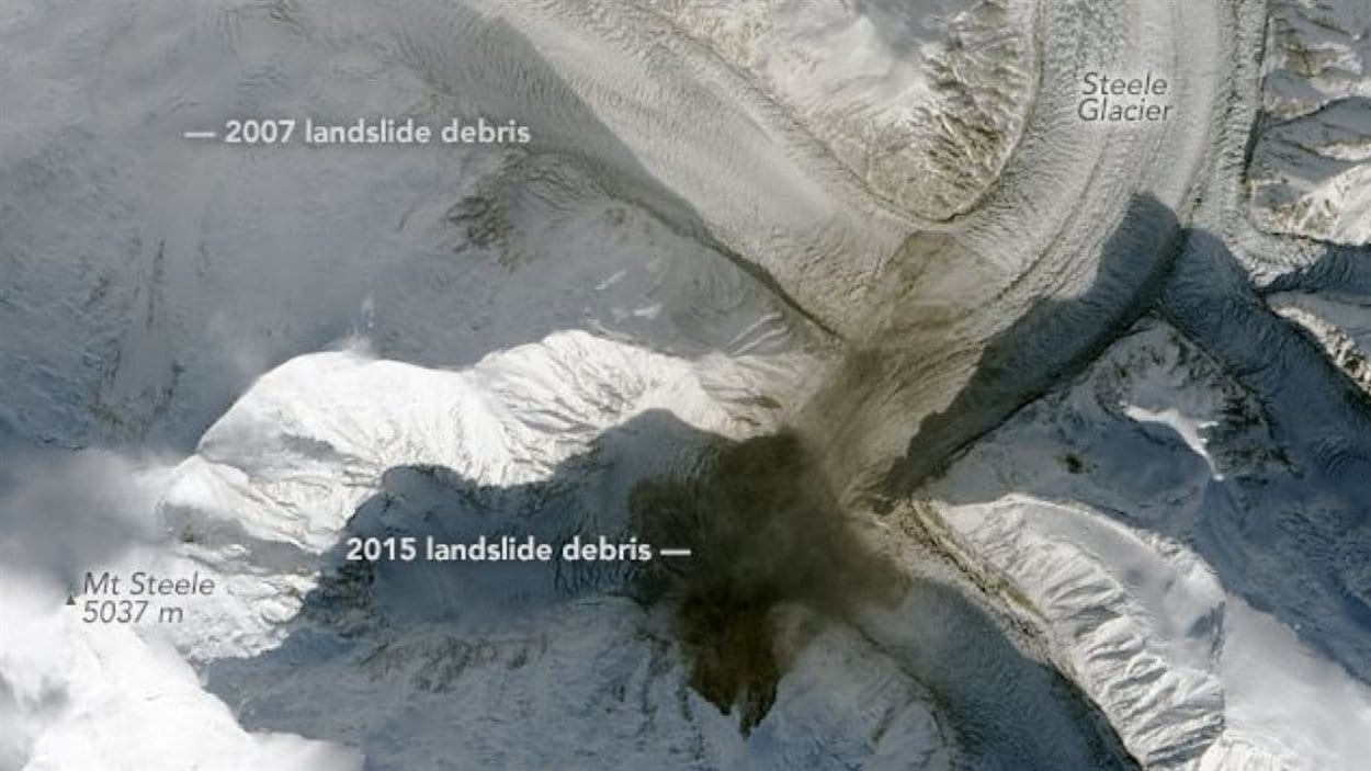 Une vu de l'espace sur l'étendue des débris du glissement de terrain du mont Steele le long du glacier Steele.