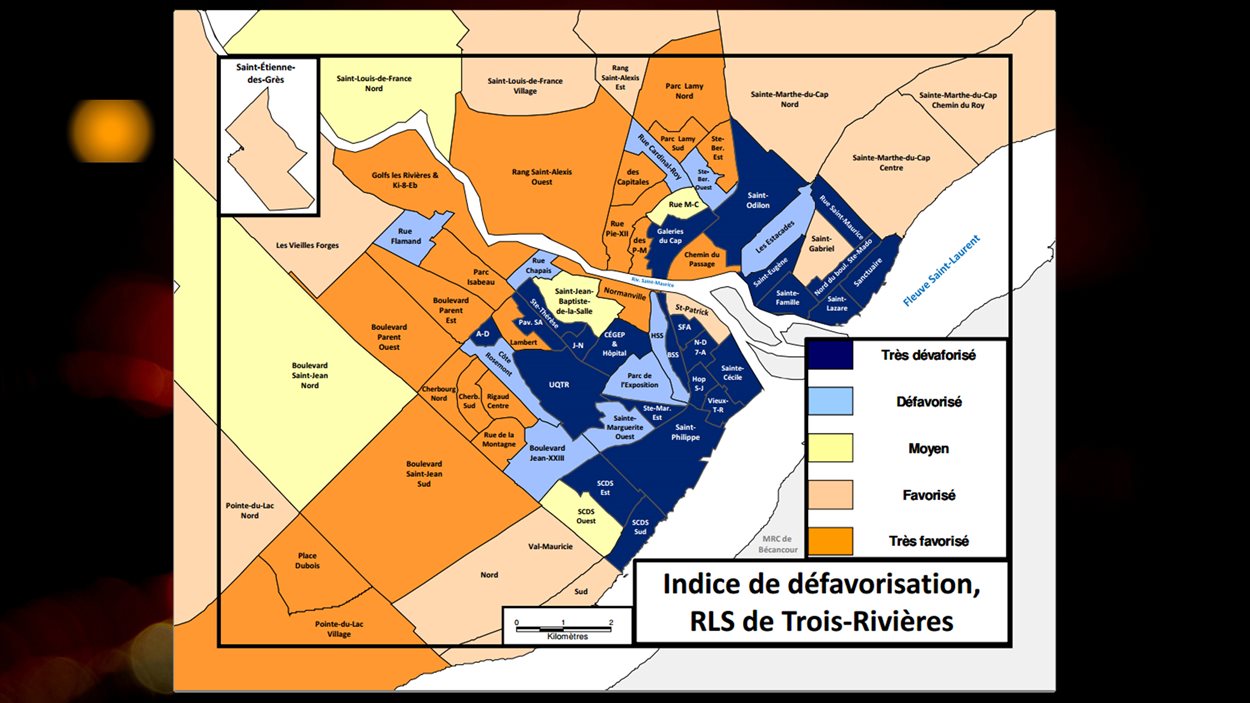 Carte de l'indice de défavorisation dans les quartiers de Trois-Rivières