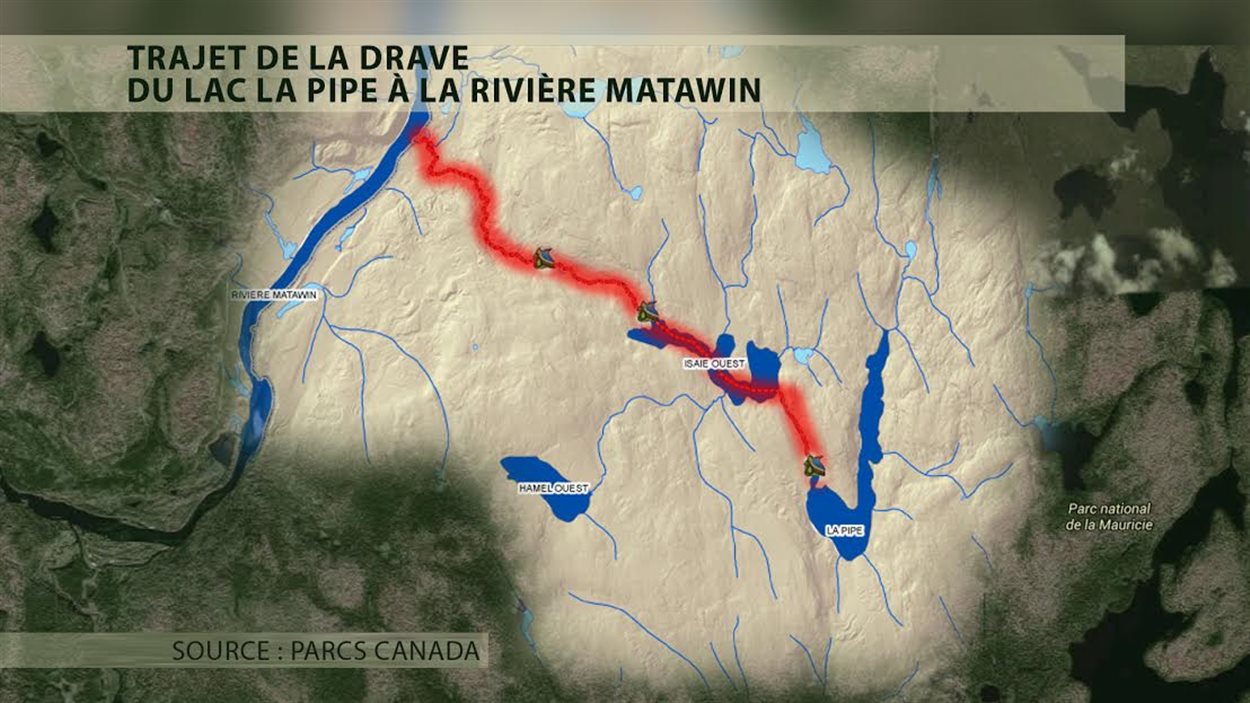 Le trajet de la drave du lac La Pipe à la rivière Matawin