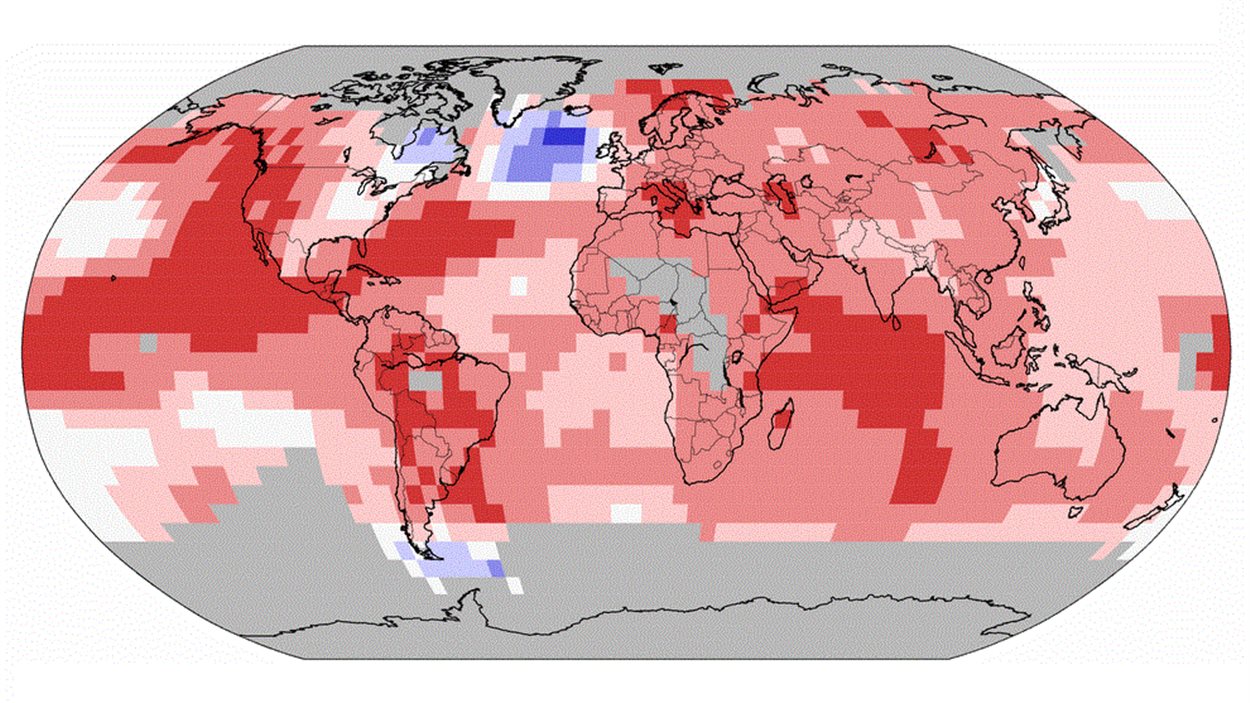 Hausse moyenne des températures pour la période de janvier à octobre 2015. En rouge, record de chaleur. En bleu, record de froid.