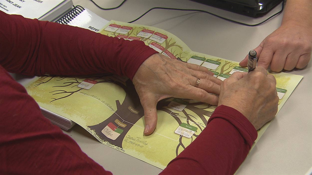 Une dame fait son arbre généalogique avec une responsable de la Société de généalogie