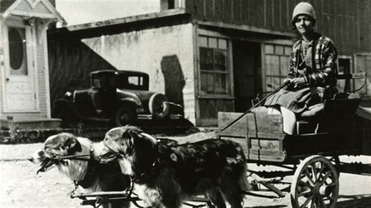 La première laitière de Rouyn, Cécile Cantin, avec sa charrette tirée par des chiens en 1927.