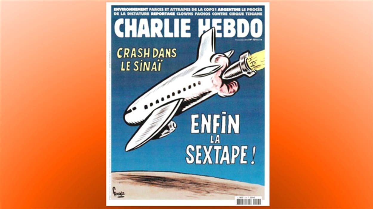 La une de « Charlie Hebdo » du 10 novembre 2015 faisait référence à l'avion russe abattu au-dessus du Sinaï par le groupe armé État islamique. Des porte-parole du gouvernement russe ont jugé le dessin scandaleux.