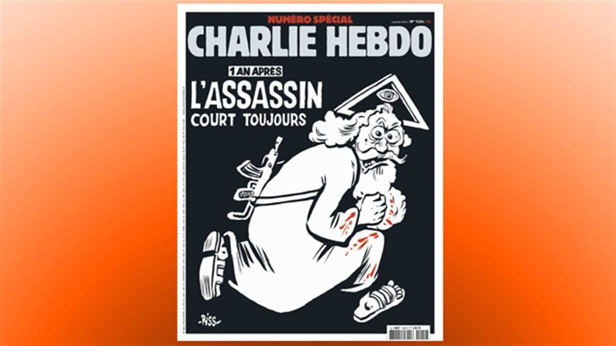 La une de « Charlie Hebdo » du 6 janvier 2016 représente un Dieu barbu armé d'une kalachnikov coiffé du titre : « 1 an après, l'assassin court toujours. »