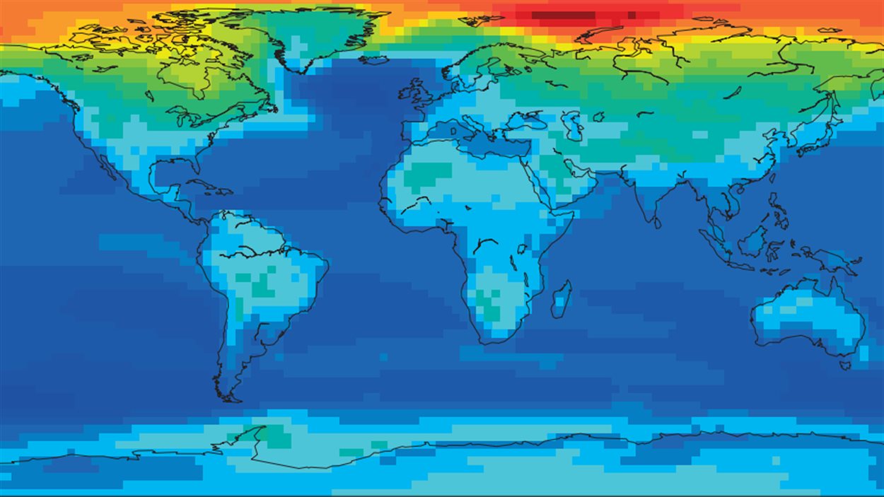 Carte montrant les hausses de températures, selon le modèle qui suppose une quantité deux fois plus grande de CO2 sur un horizon de 20 ans. Les zones en rouge connaissent un réchauffement plus grand que la moyenne et celles en bleu, un réchauffement moins important.