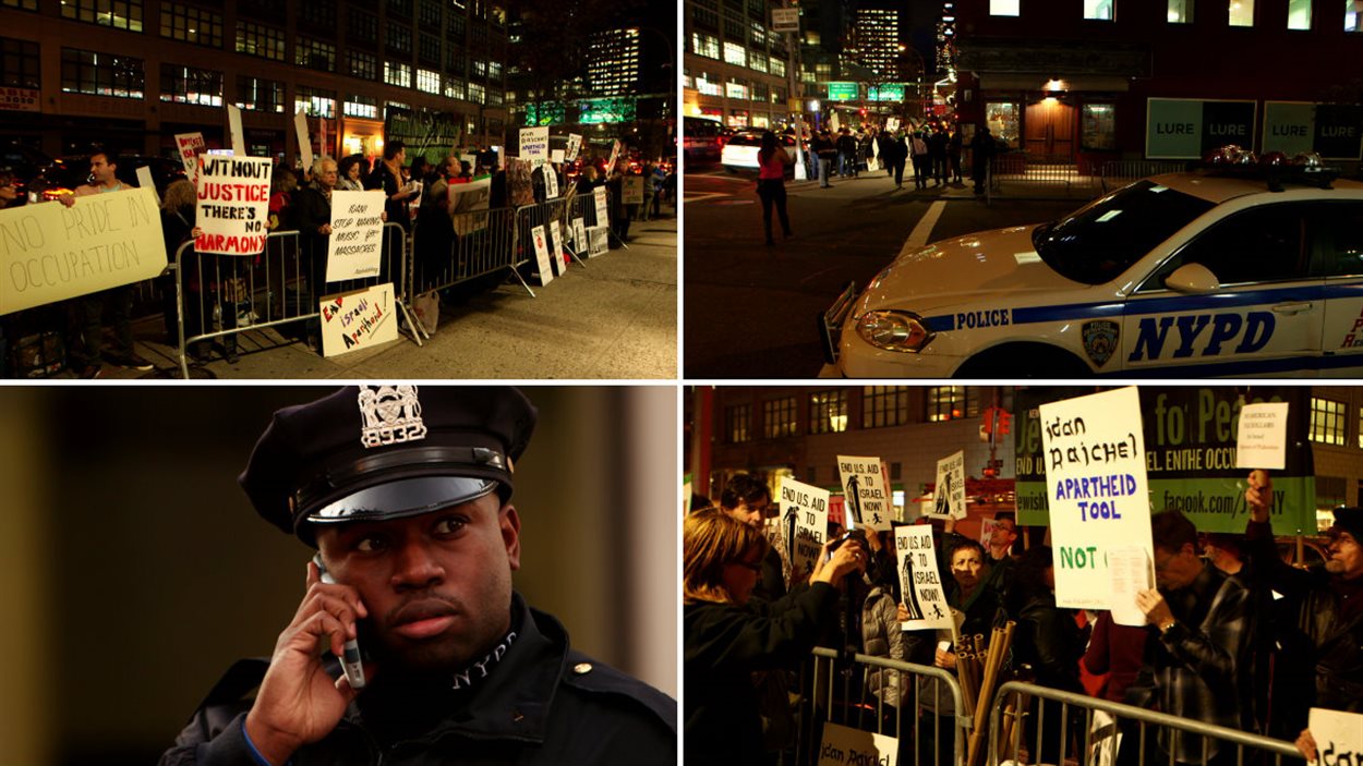New York, le 16 octobre 2015. Des manifestants devant scandent : « Musique pour la libération et non pour blanchir l'occupation! »