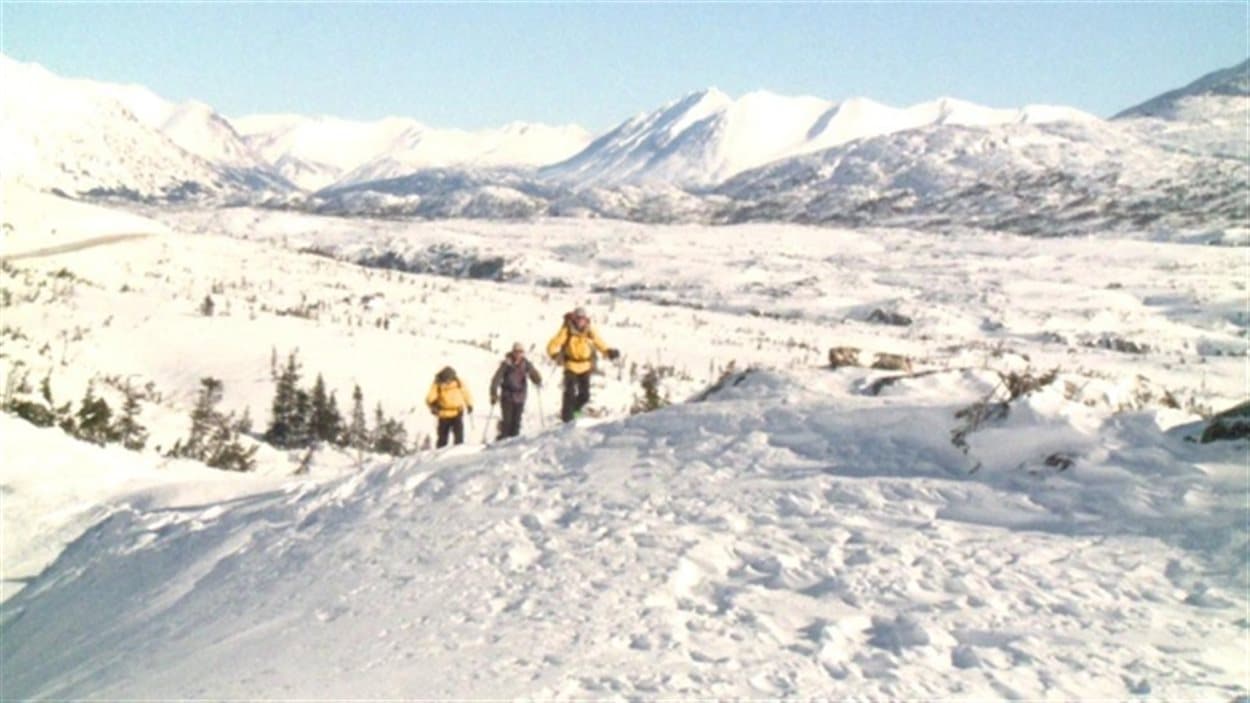 Une équipe de trois personnes de l’Association Avalanche Yukon arpentent à ski le secteur White Pass en 2014.