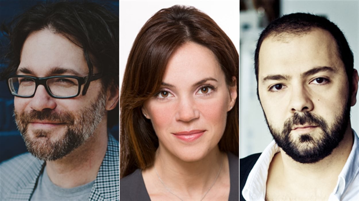 Les trois membres du jury du Prix du récit Radio-Canada 2016 : Maxime-Olivier Moutier, Geneviève Guérard et Mani Soleymanlou