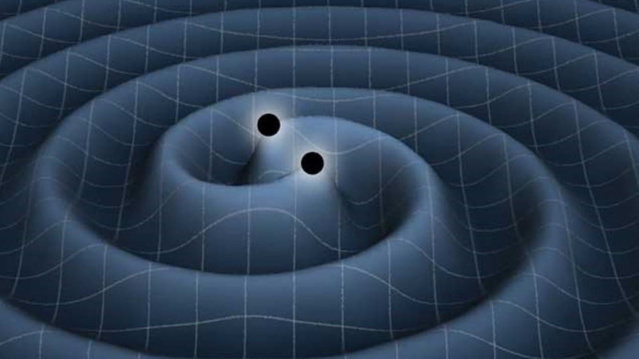 Illustratiion artistique d'un couple de trous noirs produisant des ondes gravitationnelles dans l'espace temps.