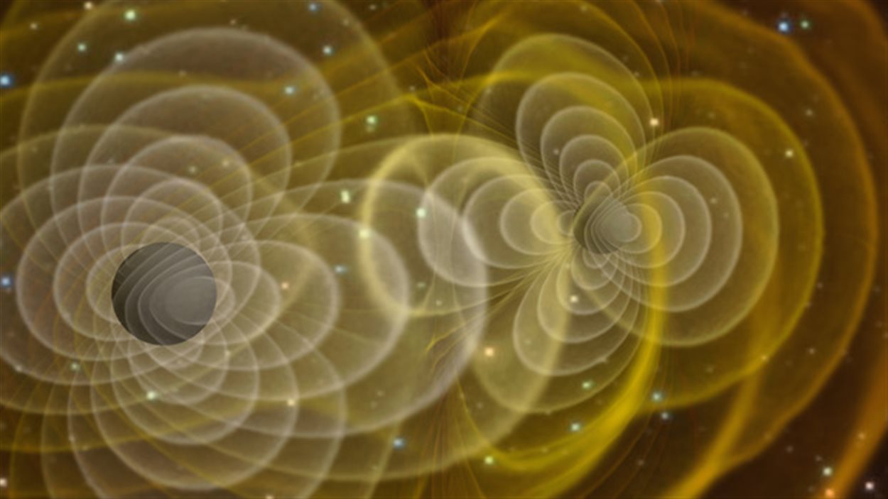 Illustration de l'émission d'ondes gravitationnelles émises par l'orbite de deux trous noirs.