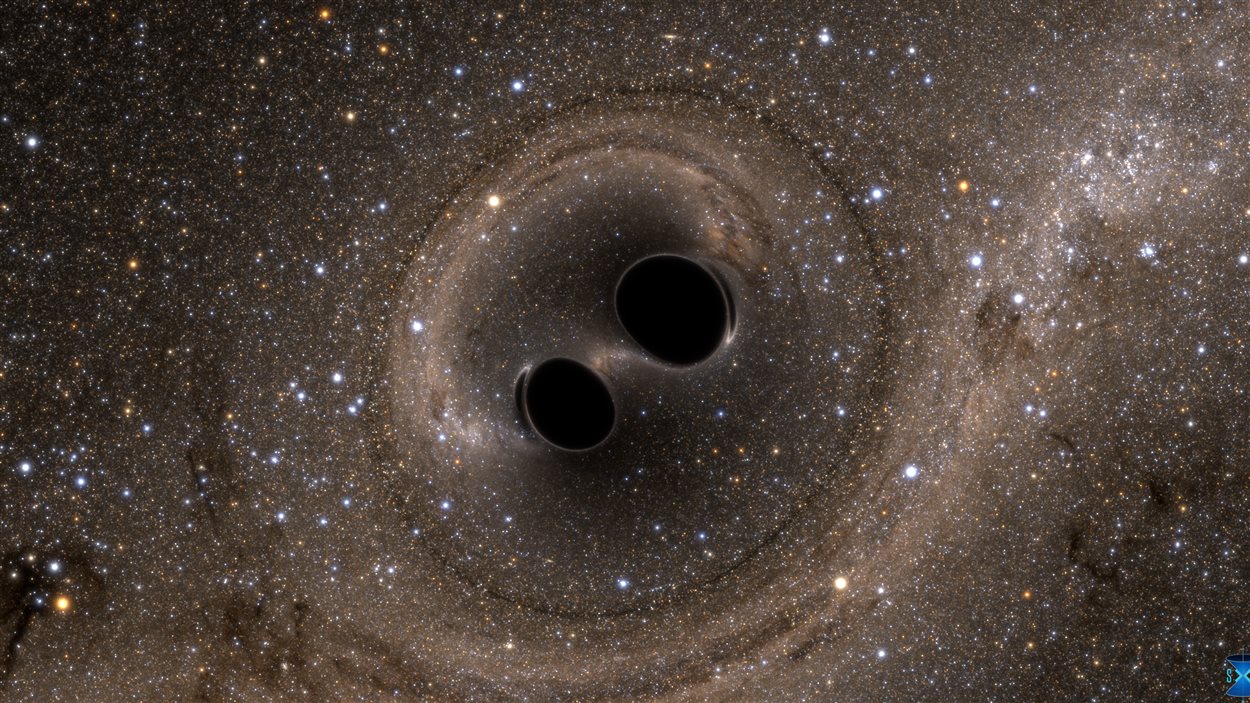 Illustration de la fusion de deux trous noirs.