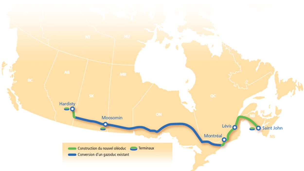 Carte du tracé projeté de l'oléoduc Énergie Est de TransCanada.