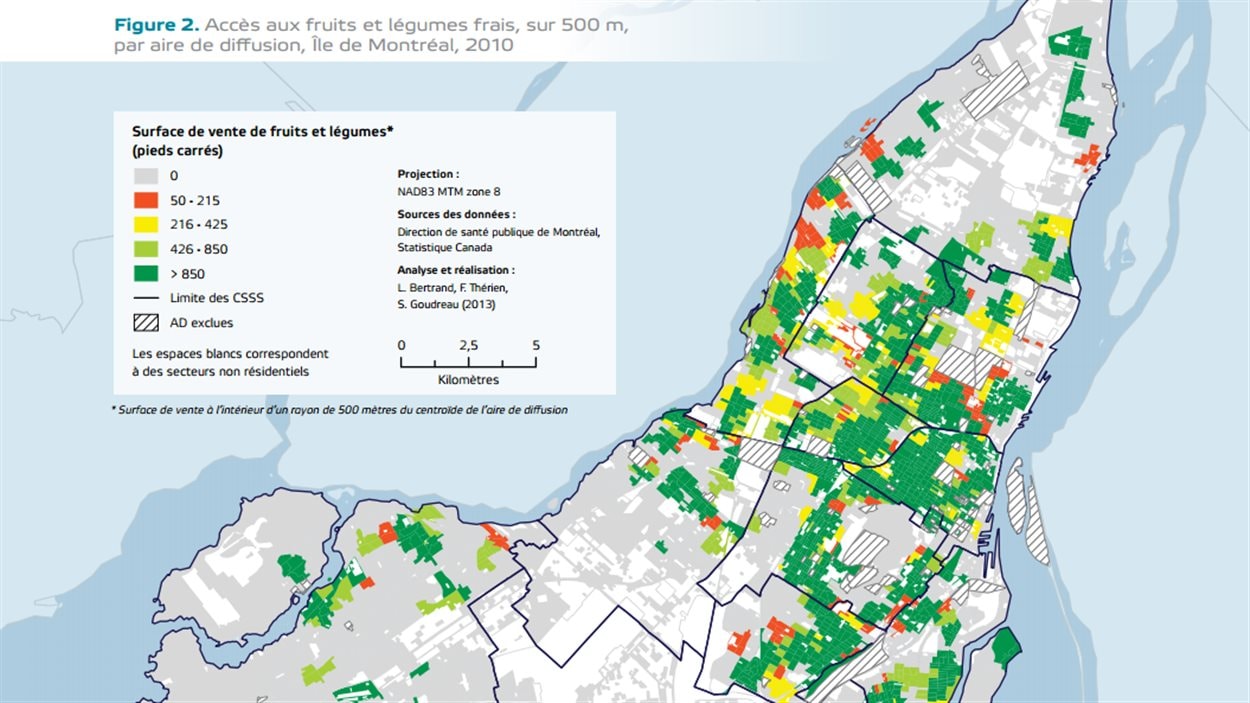 Carte des surfaces de vente de fruits et légumes à Montréal