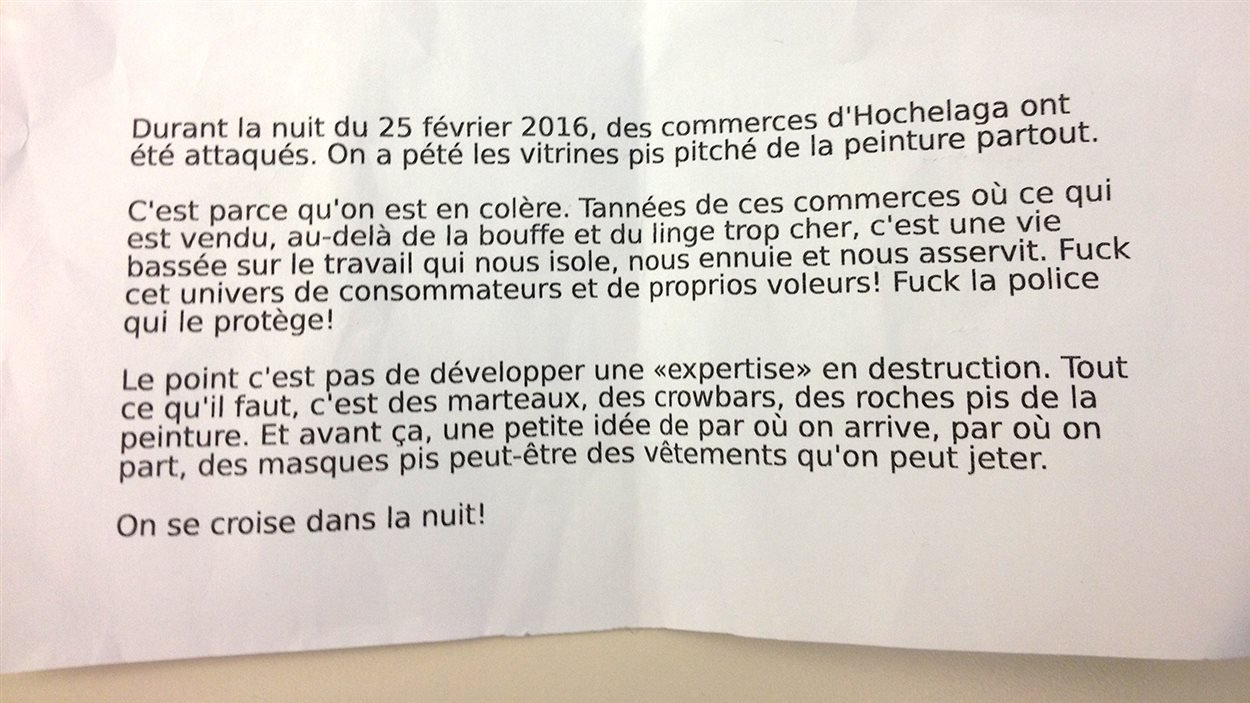 Un tract retrouvé au métro Préfontaine le vendredi 26 février.
