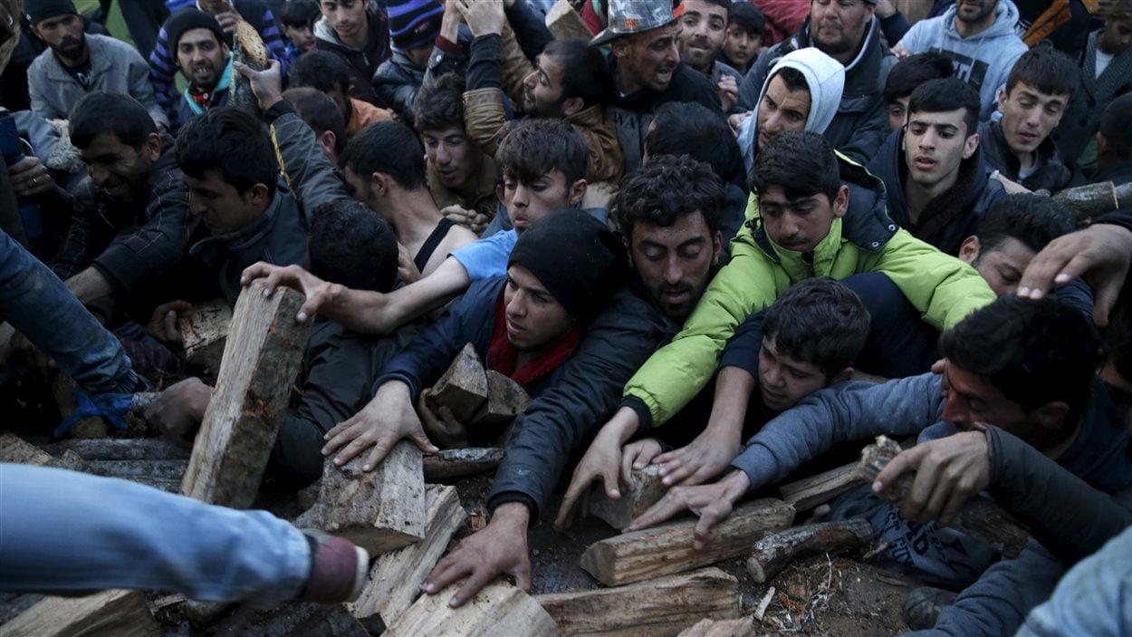 À Idomeni, à la frontière gréco-macédonienne, des migrants se disputent du bois de chauffage.
