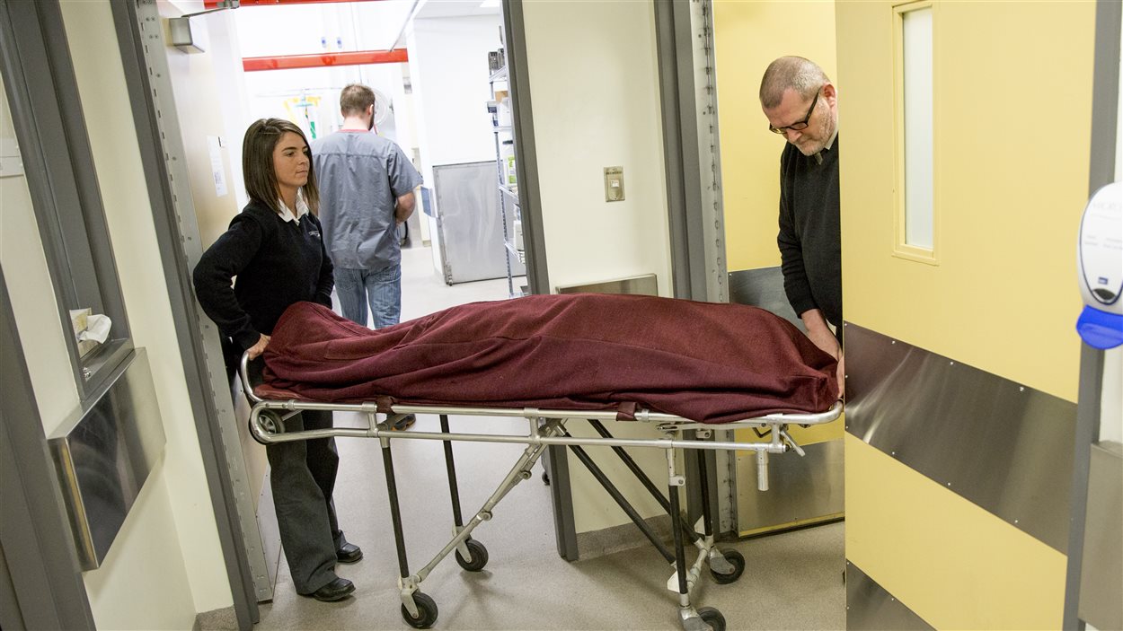 Un corps est apporté à l'Université Laval par des employés d'une résidence funéraire. Les cendres de la personne seront remises à sa famille après la période de recherche scientifique.