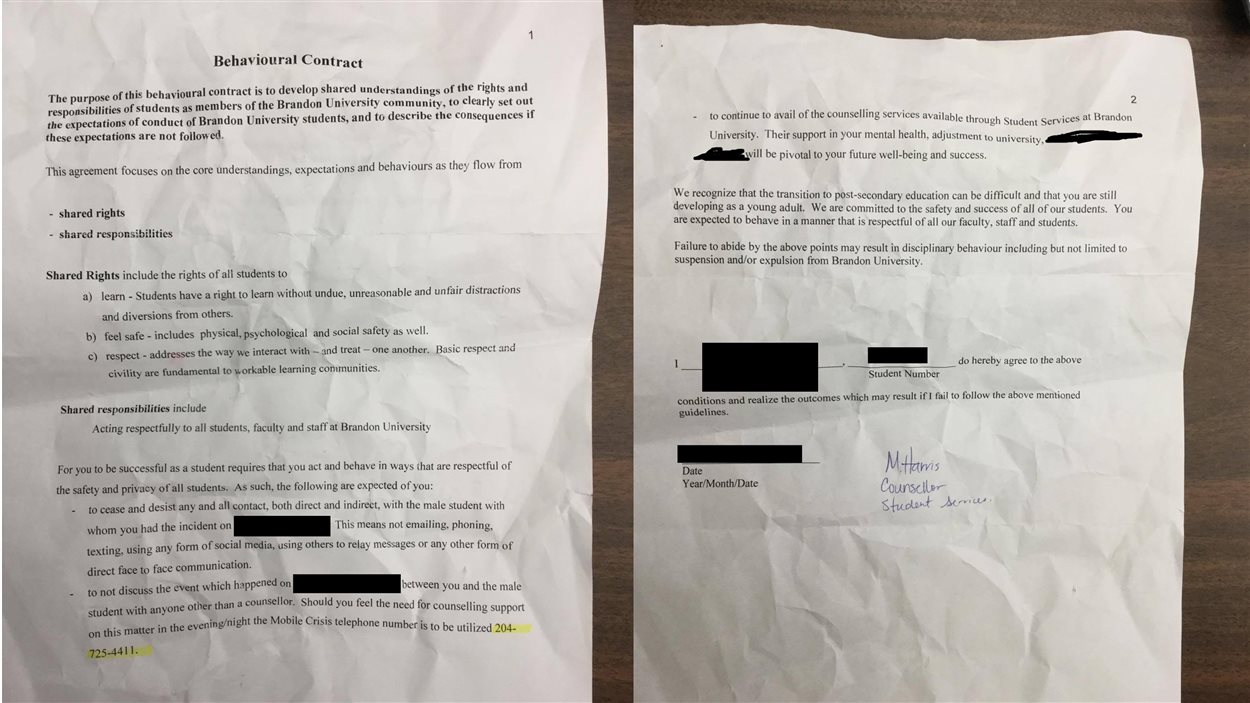 Une copie du code de conduite qu'une étudiante dit avoir été forcée de signer après avoir été victime d'agression sexuelle.