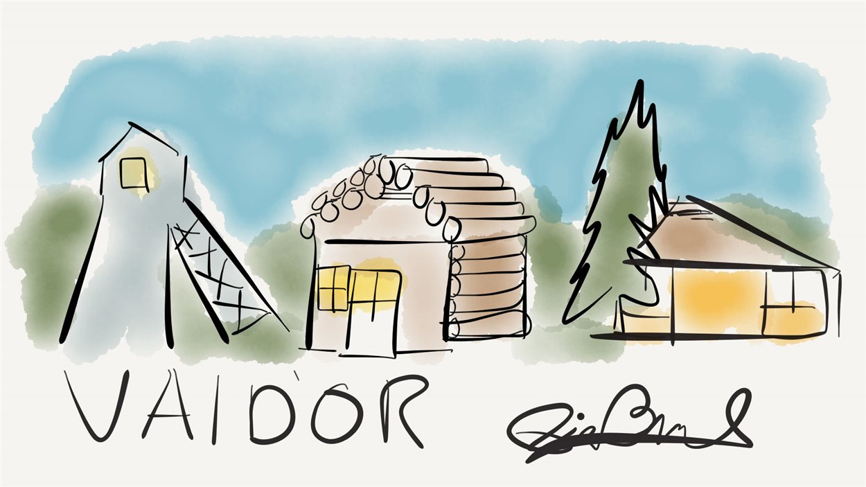 Un dessin de Pierre Brassard illustrant Val-d’Or telle qu’il la voit. Et la maison à droite? C’est celle de son enfance.