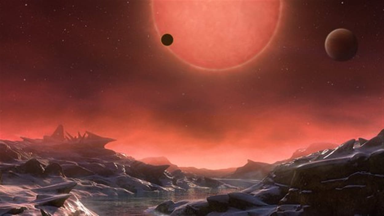 Représentation artistique de l’étoile naine extrêmement froide TRAPPIST-1 depuis la surface d’une de ses planètes.