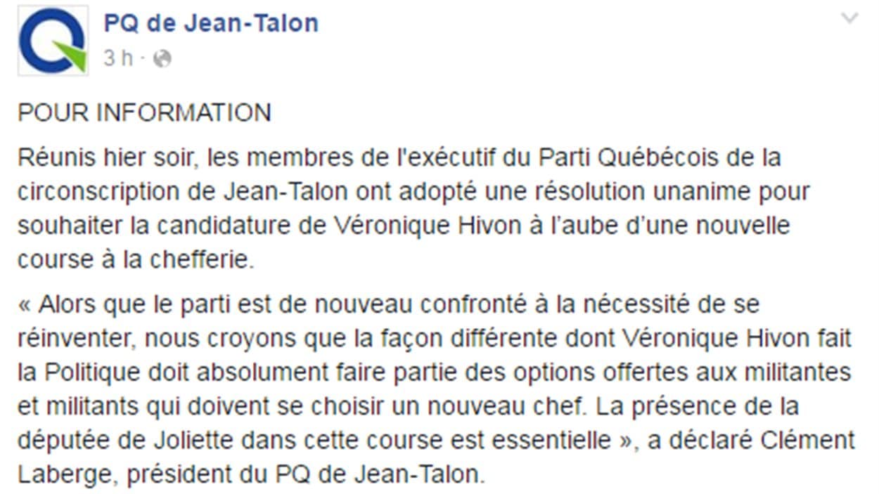 Message de l'exécutif du PQ dans Jean-Talon sur Facebook