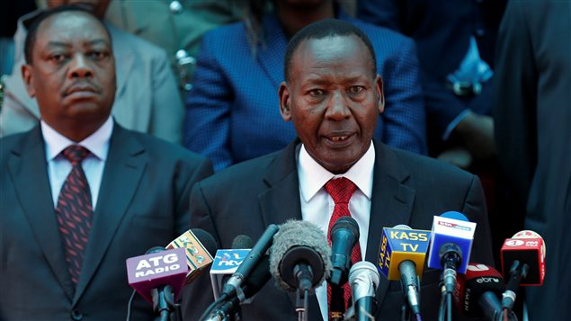  Kenya’s Interior Minister Joseph Nkaissery addresses a news conference on the closing down of Dadaab refugee camp in Nairobi, Kenya, May 11, 2016. 