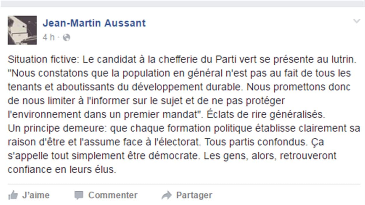 Jean-Martin Aussant réagit sur sa page Facebook à la candidature de Jean-François Lisée.