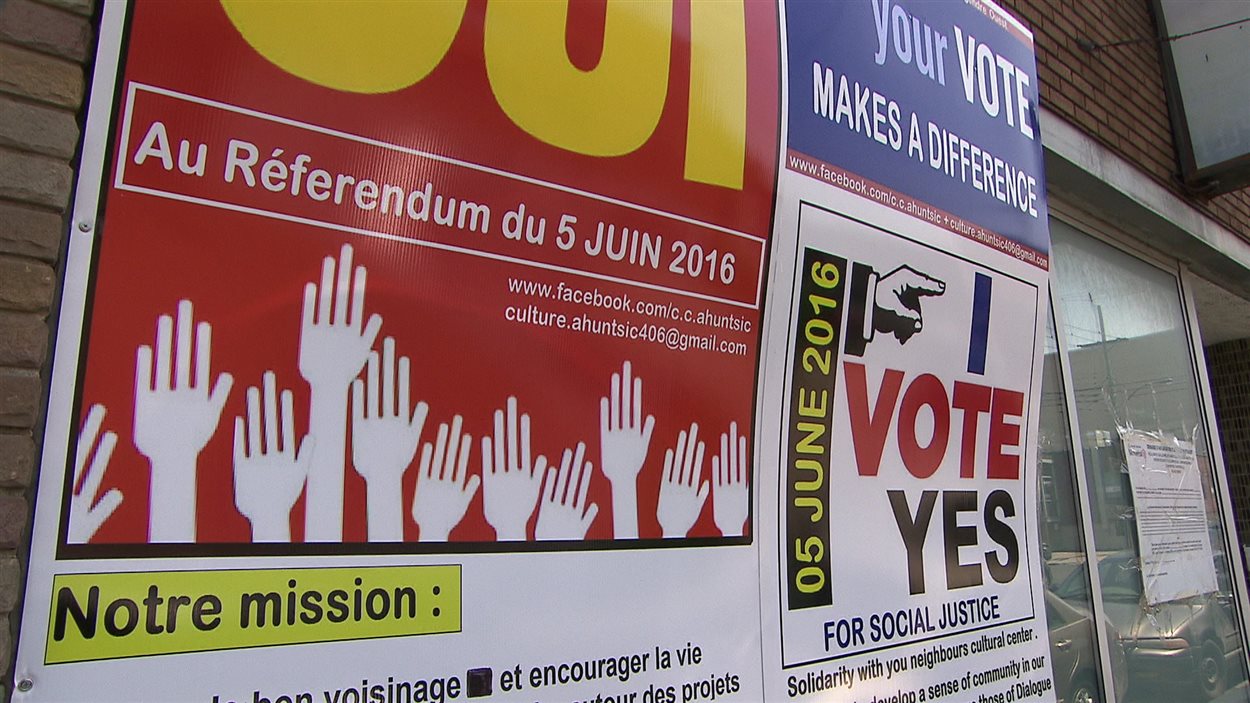 Des affiches filmées en mai 2016 publicisent le référendum du 5 juin 2016 sur le changement de statut du centre communautaire ACIC en lieu de culte musulman.