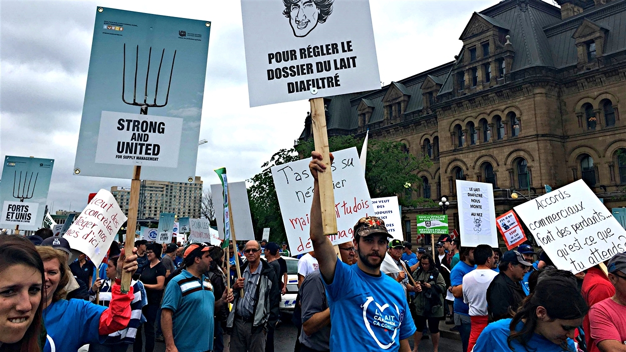Des producteurs laitiers manifestent sur la colline du Parlement.