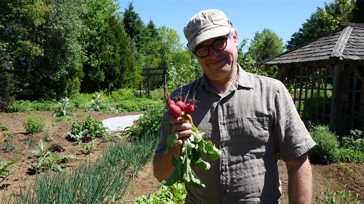 Yves Gagnon tient une botte de radis Cherry Belle dans les Jardins du Grand-Portage, à Saint-Didace