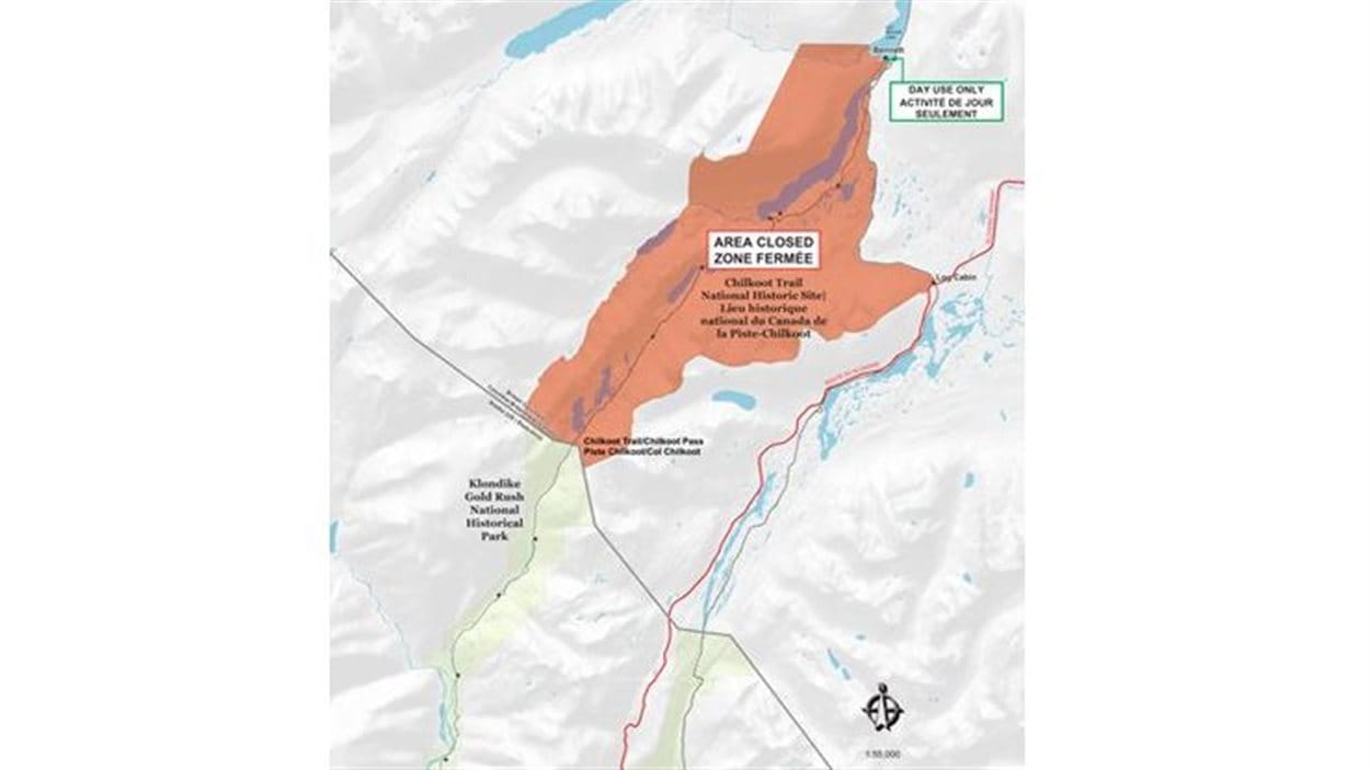 carte montrant la portion canadienne fermée de la piste Chilkoot