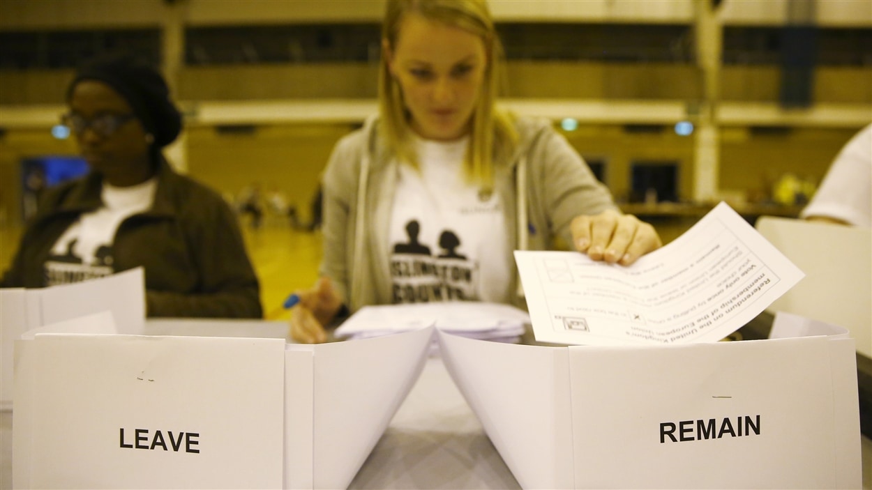 Plusieurs personnes comptent les résultats, après la fermeture des bureaux de vote, à Londres.