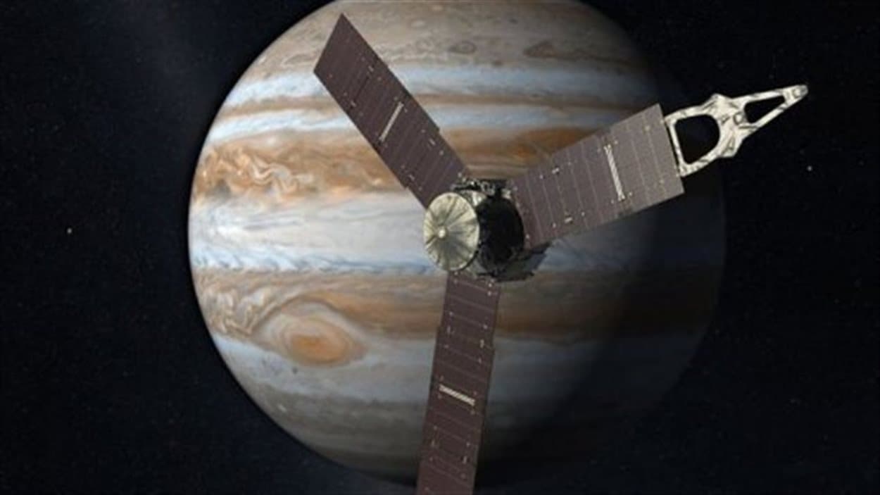 Impression artistique de la sonde Juno devant Jupiter