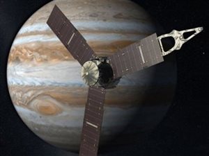 Impression artistique de la sonde Juno devant Jupiter