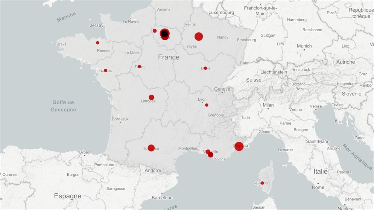 Carte des attentats terroristes en France depuis 50 ans
