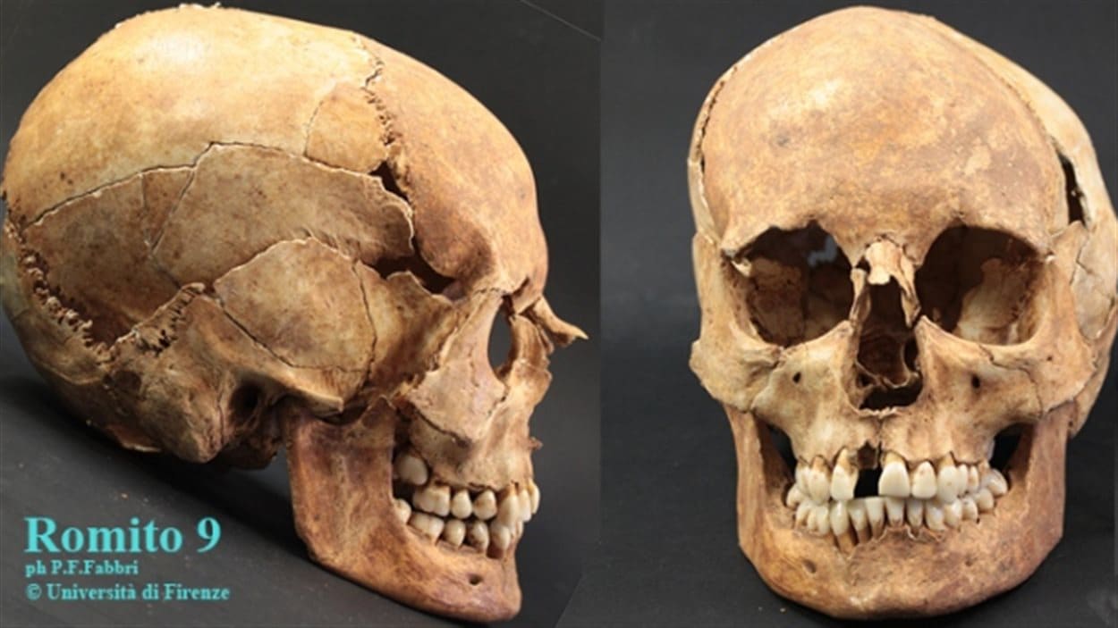Le crâne de Romito 9, découvert dans une grotte de la région de Calabre, en Italie.