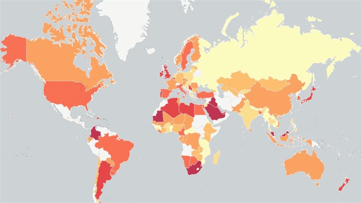 Carte du monde représentant l'inactivité physique.