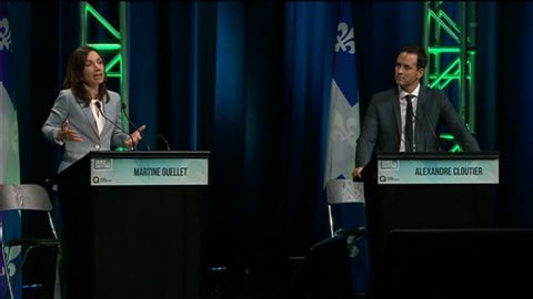 Martine Ouellet et Alexandre Cloutier lors du débat à Sherbrooke.