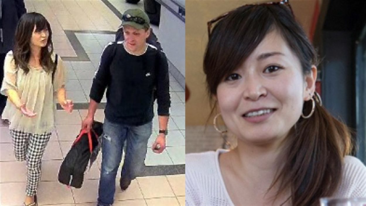 À gauche, une image de la vidéo de surveillance qui montre l'étudiante japonaise qui manque à l'appel, Natsumi Kogawa, marchant avec un homme le 8 septembre 2016.