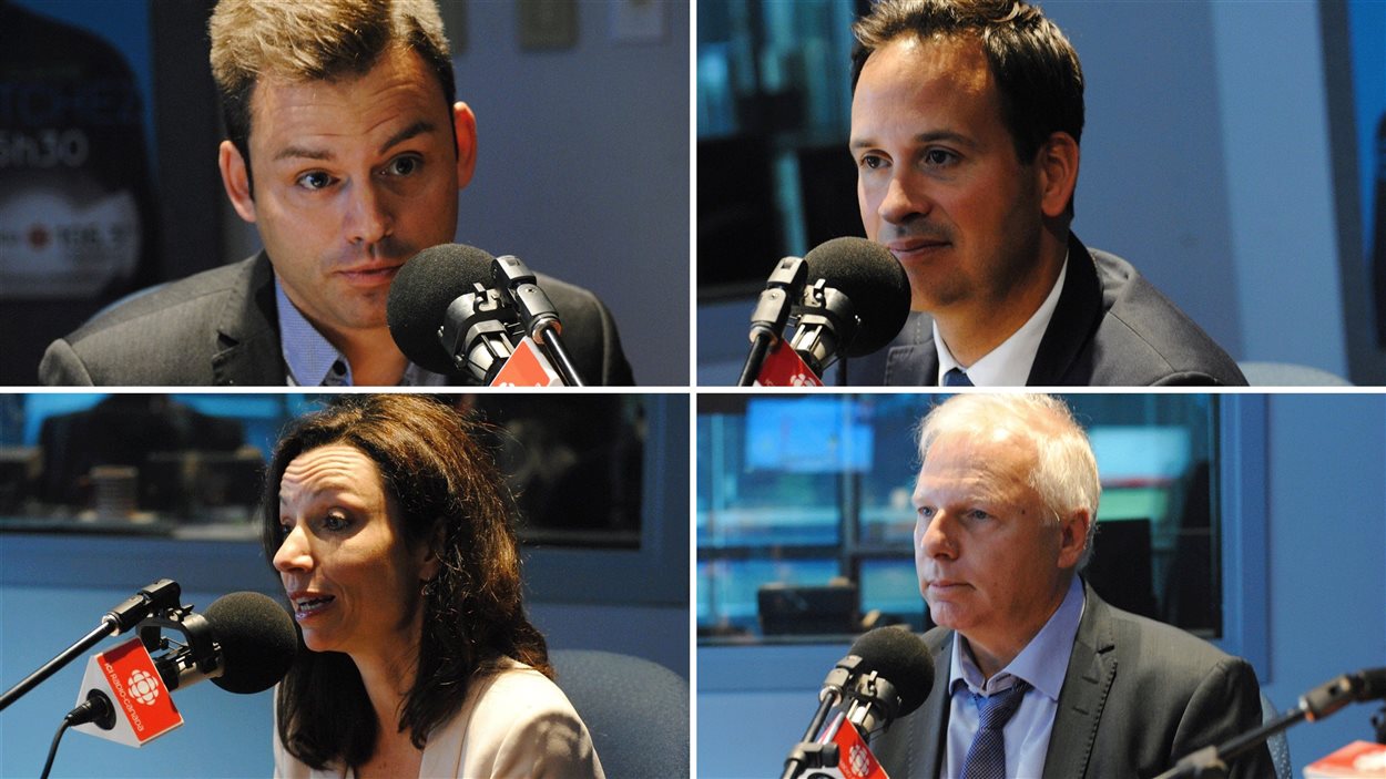Les quatre candidats à la direction du Parti québécois (dans le sens des aiguilles d'une montre) : Paul St-Pierre Plamondon, Alexandre Cloutier, Jean-François Lisée et Martine Ouellet