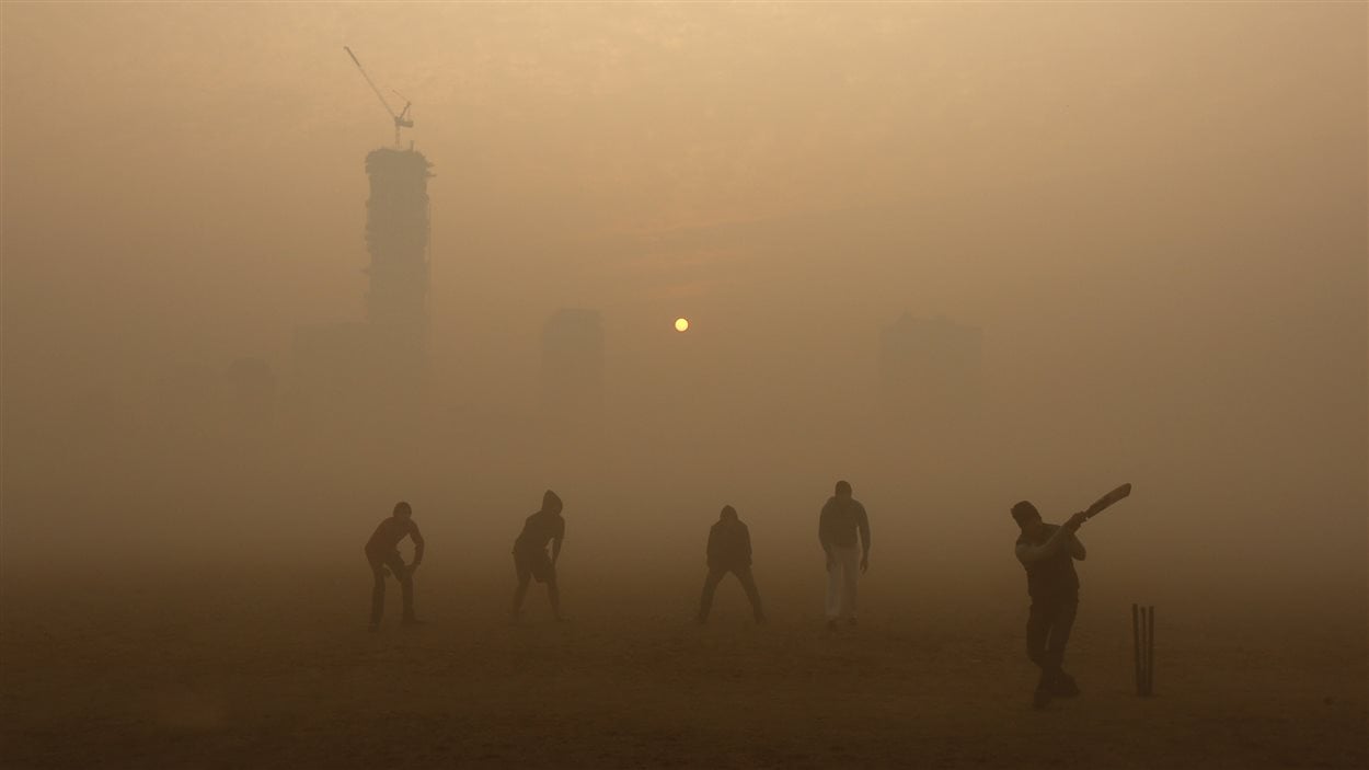 Des hommes jouent au cricket dans un épais brouillard à Kolkata, en Inde (30 décembre 2015).