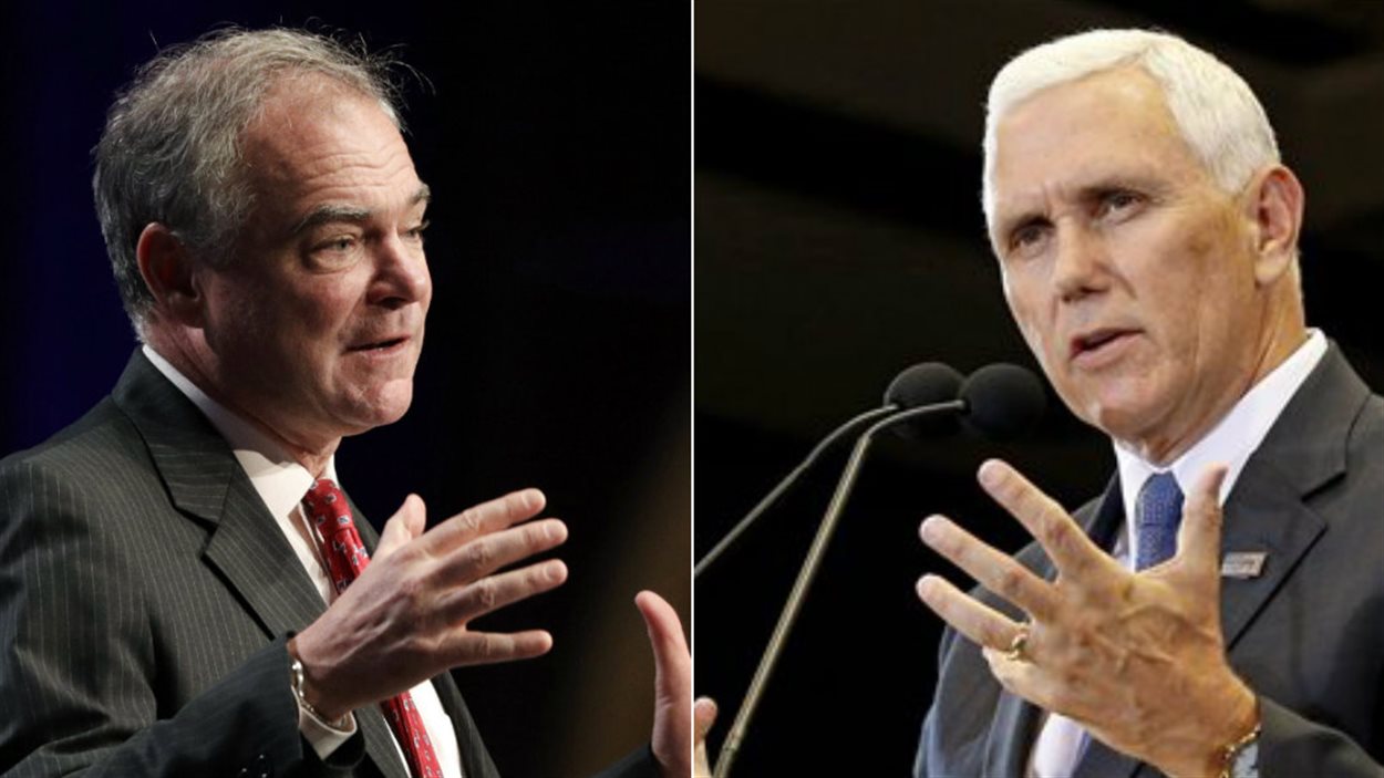 Les candidats à la vice-présidence Tim Kaine (D) et Mike Pence (R)