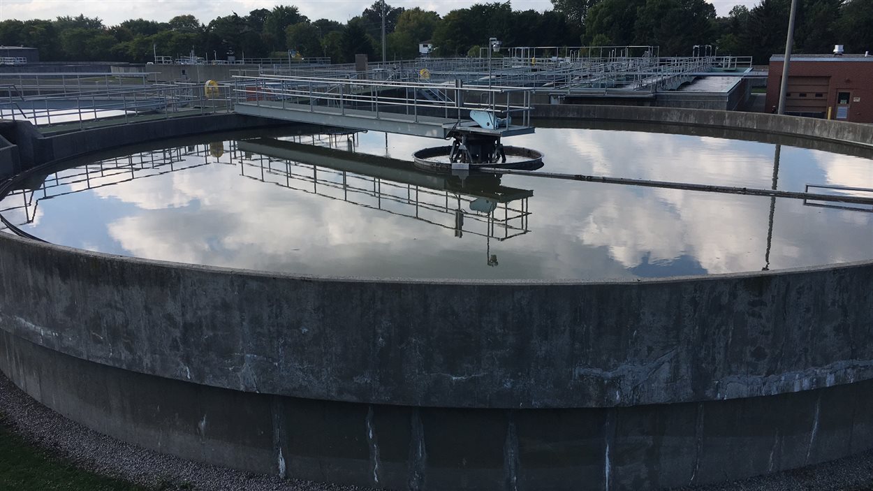 De l'eau repose dans un bassin à ciel ouvert qui est en train d'être décontaminée biologiquement