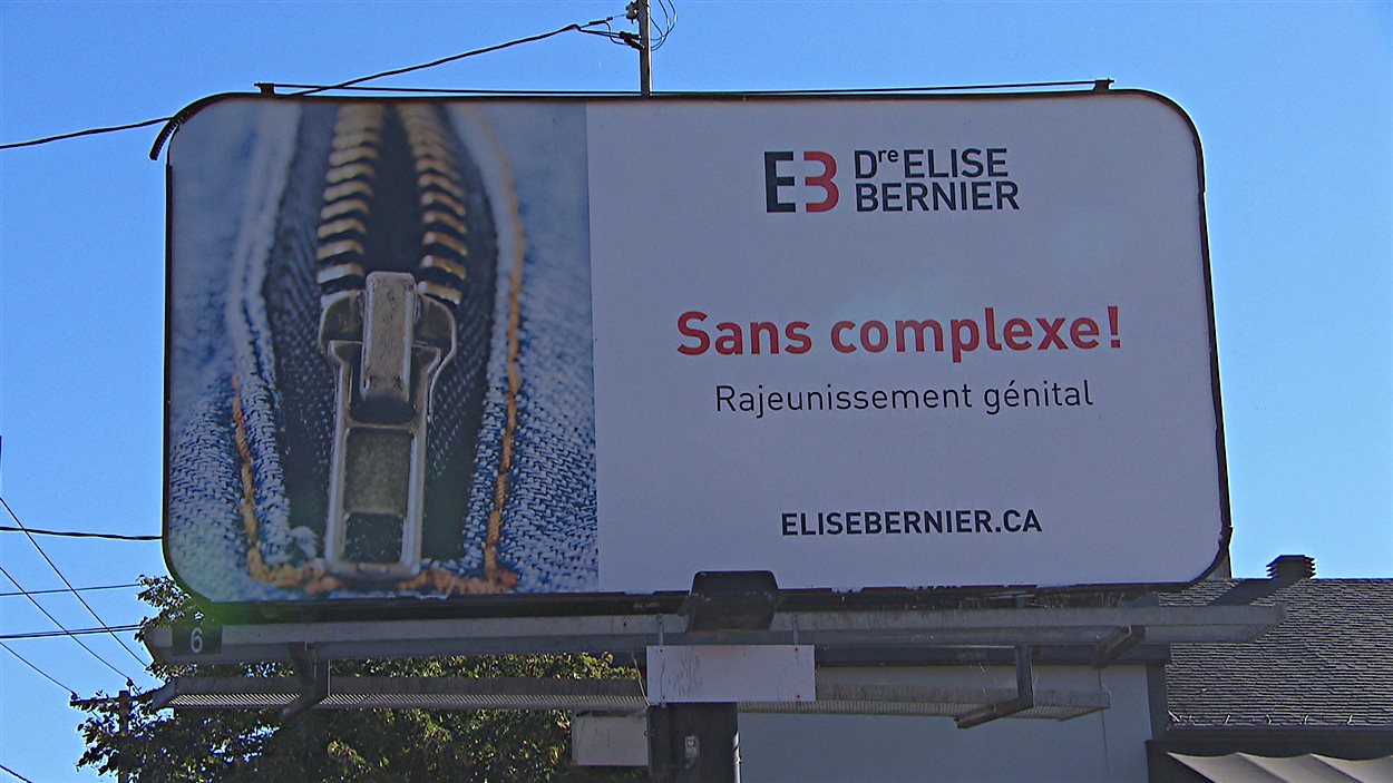 Une affiche de publicité de la Dre Élise Bernier de Sherbrooke « sans complexe!, rajeunissement génital. elisebernier.ca