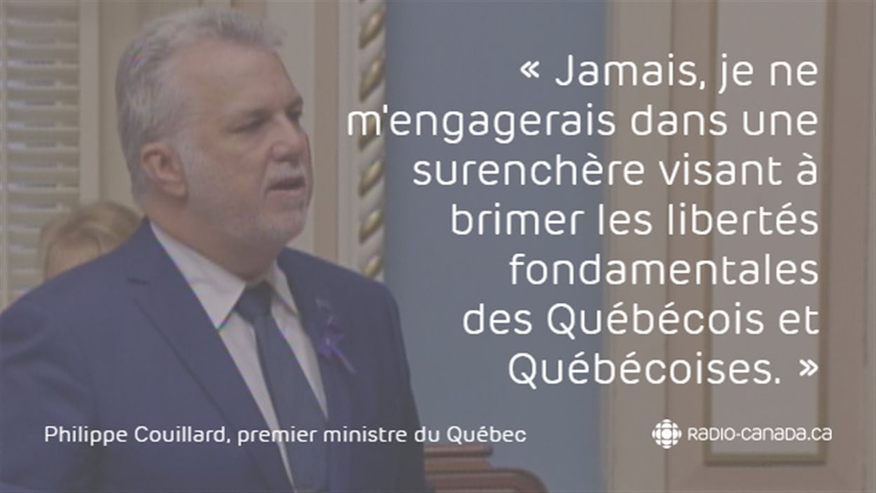 « Jamais, je ne m'engagerais dans une surenchère visant à brimer les libertés fondamentales des Québécois et Québécoises. » - Philippe Couillard, premier ministre du Québec