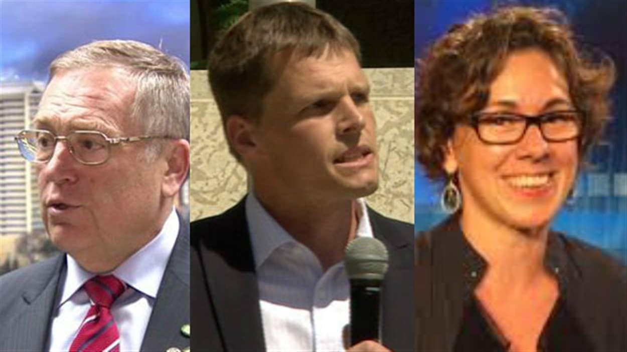 Trois candidats de la course à la mairie de Saskatoon : Don Atchison, Charlie Clark et Kelley Moore