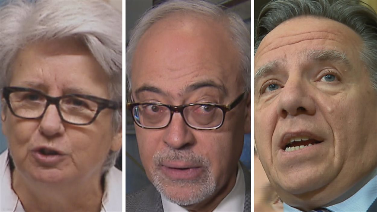 Agnès Maltais, députée du Parti québécois, Carlos Leitao, ministre au gouvernement libéral, et François Legault, chef de la Coalition avenir Québec