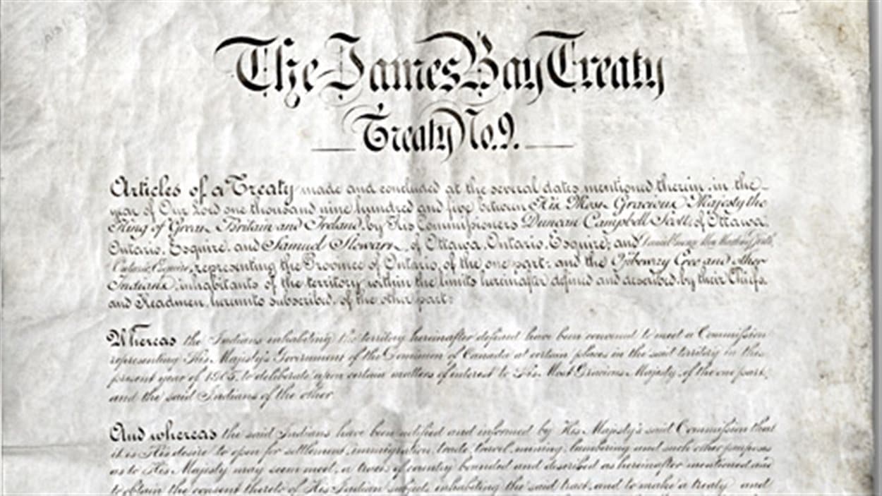 Traité No. 9 négocié en 1905-1906, également appelé Traité de la baie James. Il couvre une grande partie du Nord de l'Ontario. 