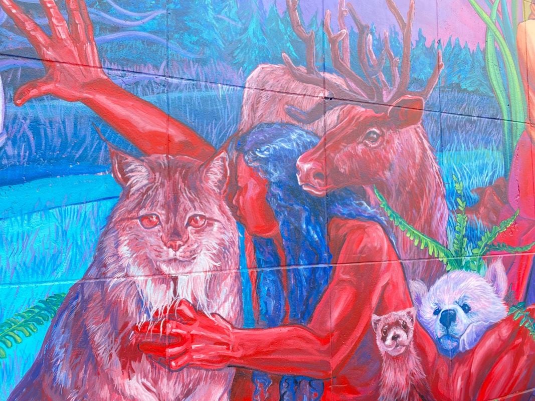 Detalles del mural Guardianas de las semillas del colectivo argentino Nereidas R., en el barrio latino de Montreal.