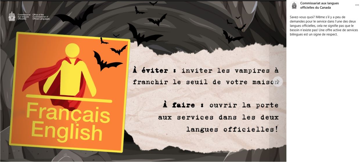 Un exemple de publication sur les médias sociaux du commissaire aux langues officielles du Canada, avec comme thème l'Halloween.