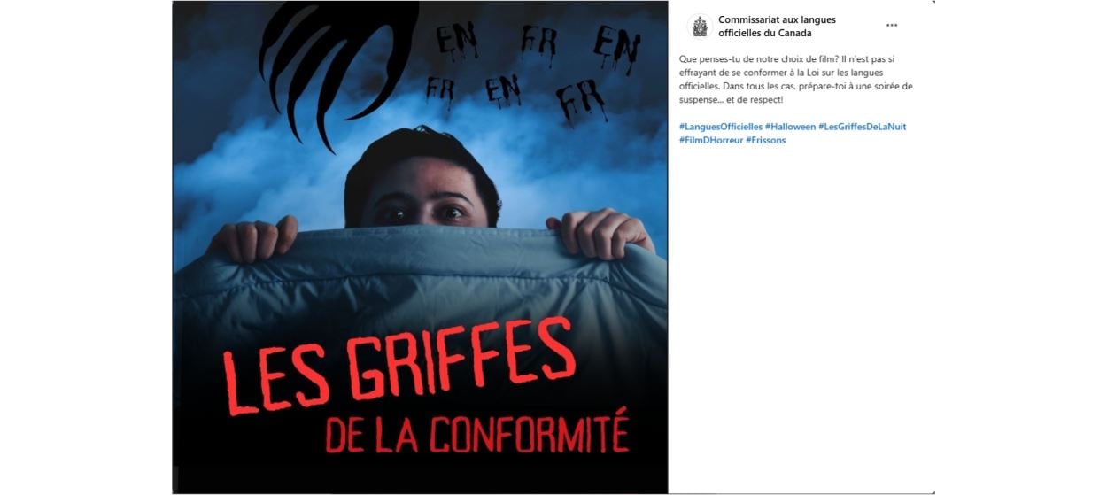 Un exemple de publication sur les médias sociaux du commissaire aux langues officielles du Canada, avec comme thème l'Halloween.